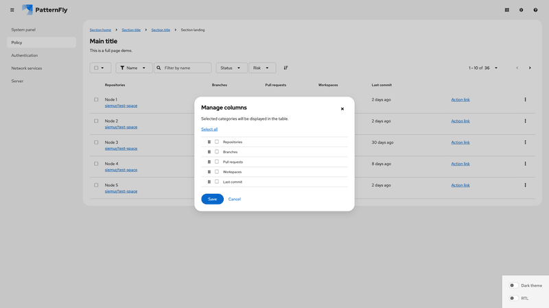 Column management modal screenshot